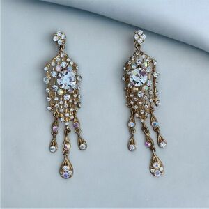 Vintage Gold Tone Metal Enameled AB Rhinestone Long Chandelier Pierced Earrings